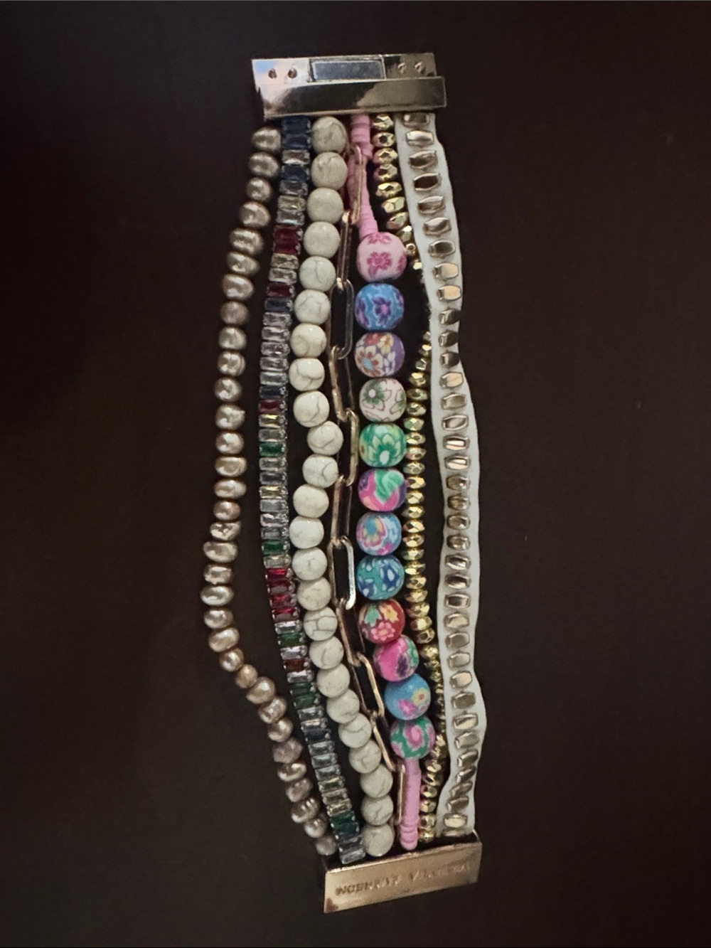 Multi-Row Floral Bead and Mixed-Metal Bracelet - Pink, Blue, Green